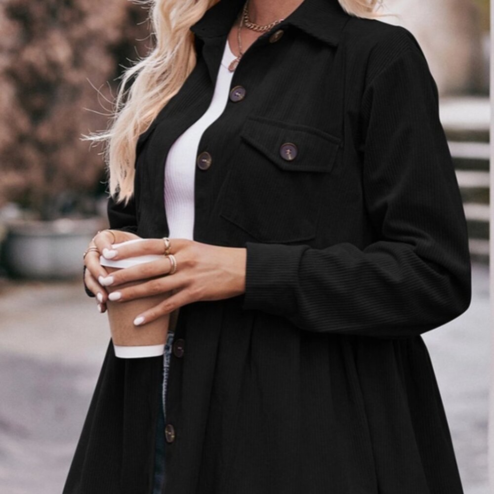 Unishe Plain Button Up Corduroy Shirt  Black